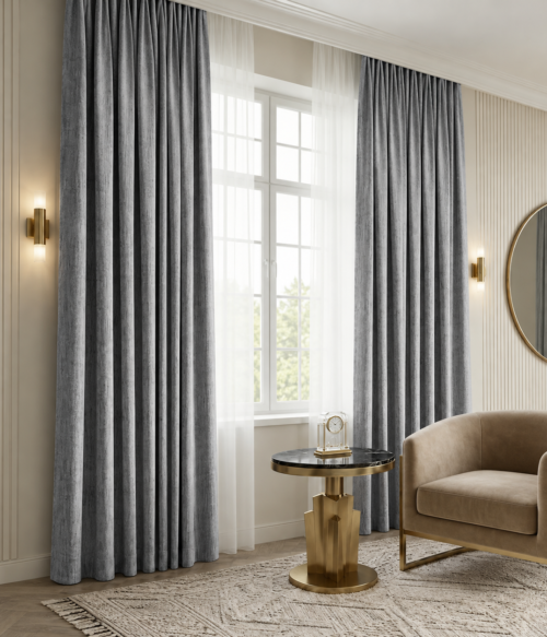 Set 2 draperii MASTEL catifea texturata black-out premium gri inchis confectionata cu rejansa