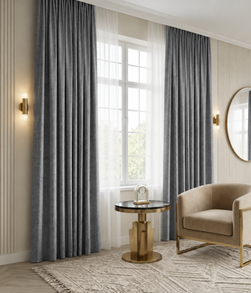 Set 2 draperii MASTEL catifea texturata black-out premium gri antracit confectionata cu rejansa