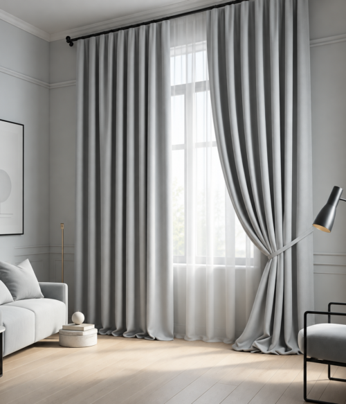 Set 2 draperii MASTEL black-out uni gri light confectionata cu rejansa