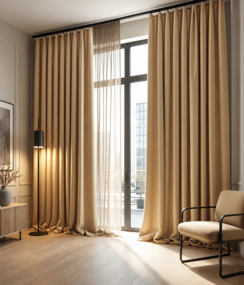 Set 2 draperii MASTEL black-out uni bej confectionata cu rejansa