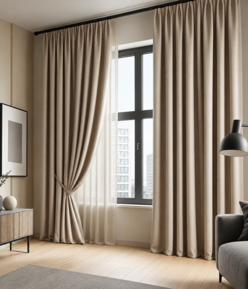 Set 2 draperii MASTEL black-out uni bej cenusiu confectionata cu rejansa