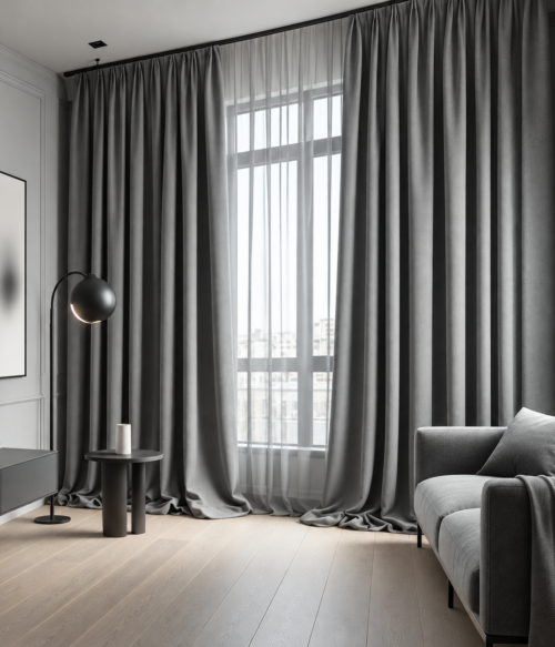 Set 2 draperii MASTEL black-out uni gri antracit confectionata cu rejansa