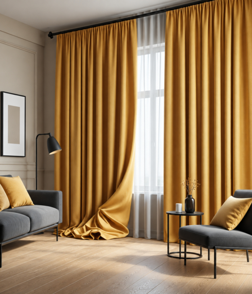Set 2 draperii MASTEL black-out uni galben mustar confectionata cu rejansa