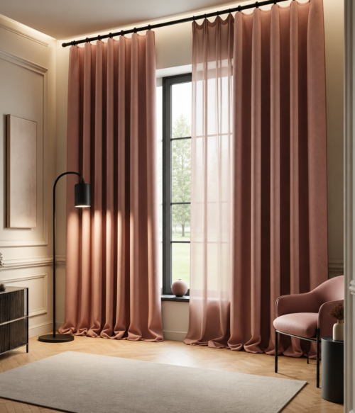 Set 2 draperii MASTEL black-out uni roz prafuit confectionata cu rejansa