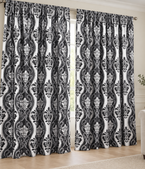 Set 2 draperii black-out MASTEL culoare gri-negru model baroc B10L
