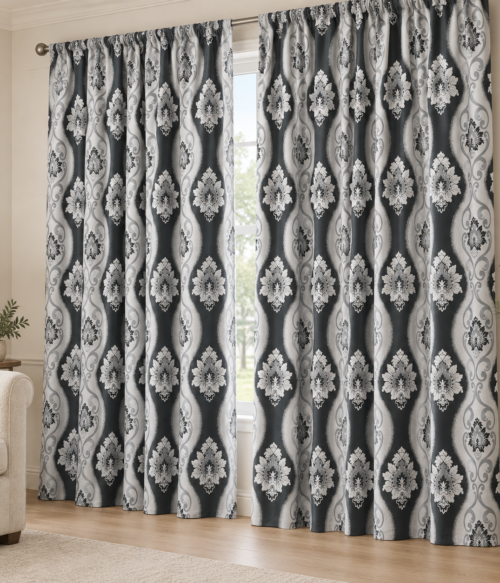 Set 2 draperii black-out MASTEL culoare gri-negru model baroc B3M
