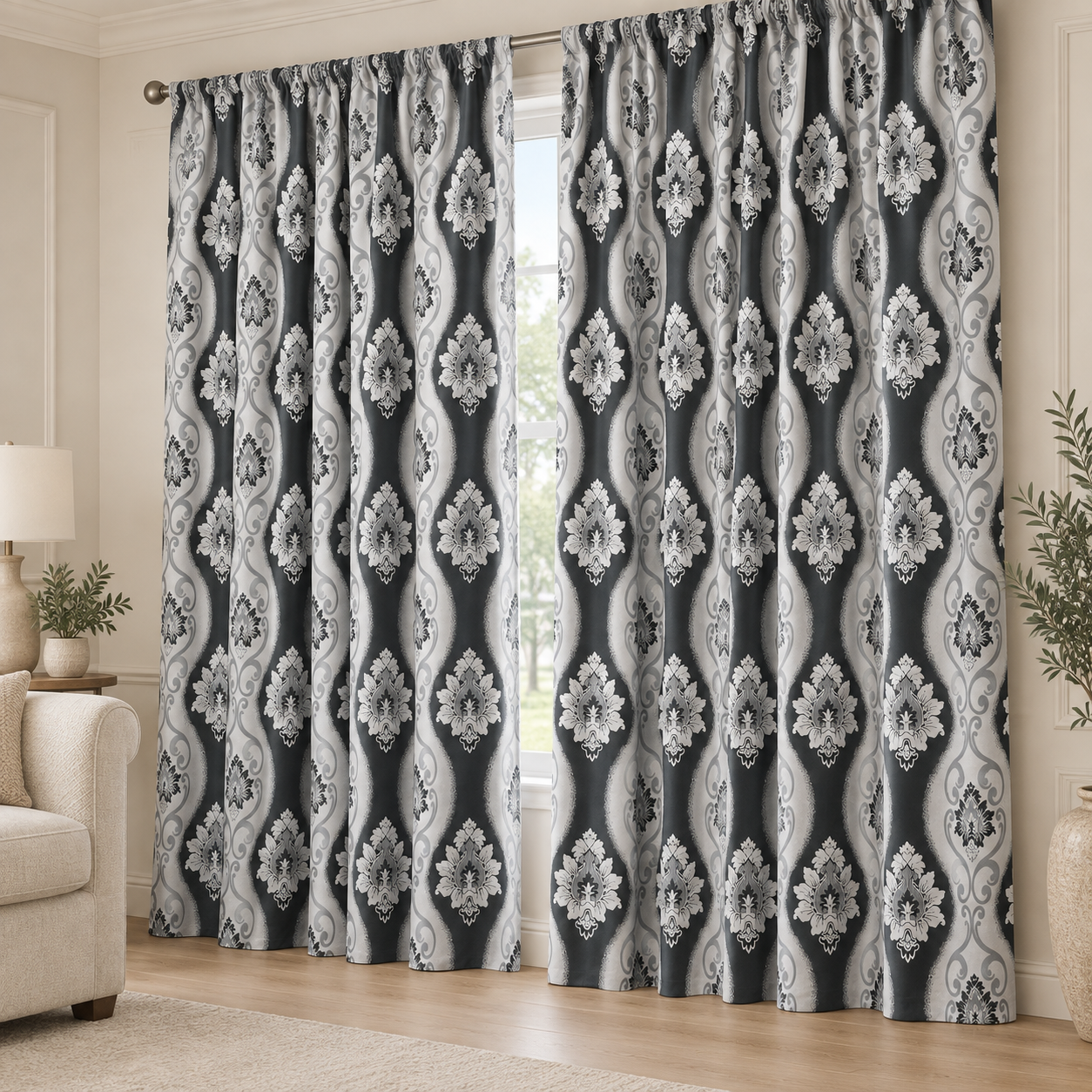 Set 2 draperii black-out MASTEL culoare gri-negru model baroc B3M