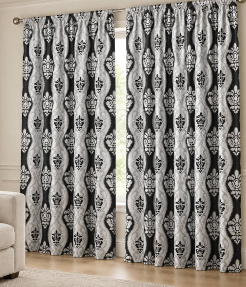 Set 2 draperii black-out MASTEL culoare gri-negru model baroc B9M