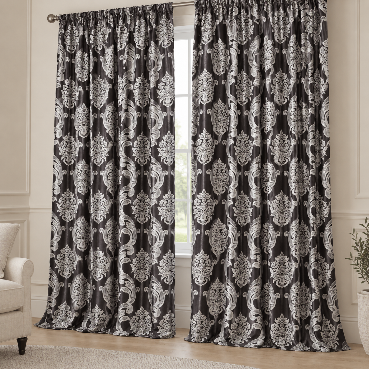 Set 2 draperii black-out MASTEL , culoare maro- bej, model baroc, B6L