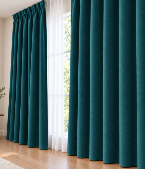 Set 2 draperii MASTEL catifea black-out premium turcoaz confectionate cu rejansa