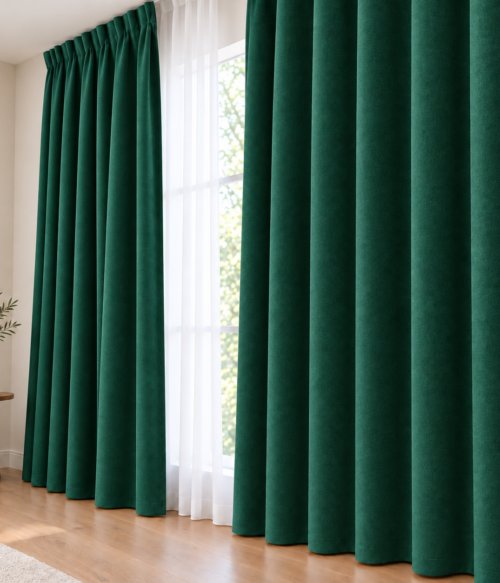Set 2 draperii MASTEL catifea black-out premium verde confectionate cu rejansa